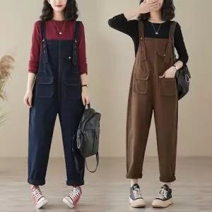 여성용 팬츠 봄 캐주얼 와이드 멜빵 솔리드 배기팬츠 원픽1