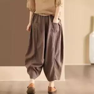 캐주얼 빈티지 봄 팬츠 여자 패치 블루종팬츠 솔리드 밴딩 와이드핏 슬림핏 허리 모시 배기팬츠 원픽1