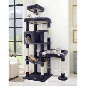 글로블레이저 초대형 플랫폼 고양이 나무, 실내 고양이 대형 성체를 위한 65인치 튼튼한 고양이 긁기 나무, 패딩 퍼치 3개가 있는 빅 캣 퍼치 타워, 긁는 기둥 6개, 고양이 콘도, 해먹, S65, 다크 그레이