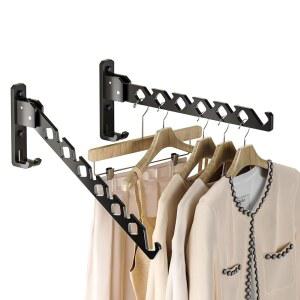 Dr.DJ 벽 마운트 코트 행거 홀더 블랙 의류 건조 정리함 랙 후크 알루미늄 접이식 실내 벽걸이 공간 절약 세탁실 침실용 2팩