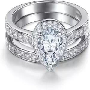 젬스미 웨딩 약혼 반지 세트 18K 화이트 골드 도금 티어드롭 컷 큐빅 지르코니아 헤일로 여성용 약속