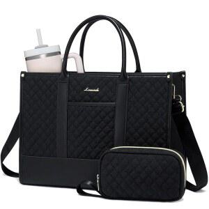 LOVEVOOK 여성용 노트북 가방, 클러치가 있는 15.6인치 방수 작업 토트백, 전문 교사 컴퓨터 지갑, 경량 숄더백, 여행, 퀼트 블랙
