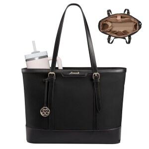 LOVEVOOK 여성용 노트북 토트백 15.6인치 컴퓨터 작업 가방, 컵 홀더 및 금속 액세서리 포함, 대형 가죽 교사 가방 지갑, 서류 비즈니스 사무실 여행용 블랙, 나일론 PU