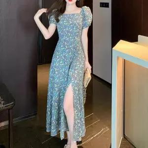 스퀘어넥 플라워 원피스 A라인 퍼프소매 롱 트임 CONL7846