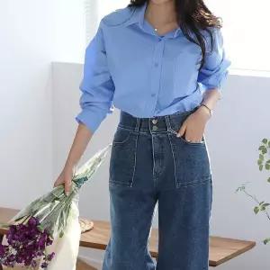 여자 클래식 플란넬 오버핏 언발 하늘색 셔츠_3