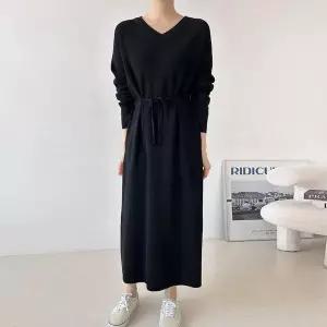 [하프클럽/셀러허브_여성트랜드패션]빅사이즈 602 리본끈일자핏롱원피스 DAR
