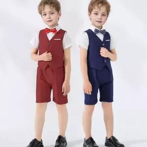 아동 양장 조끼 어린이 소년 남아 아동 정장 반바지 넥타이 반팔 셔츠 나비
