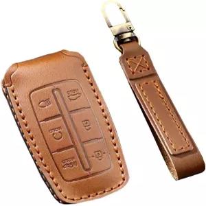 현대 제네시스 GV80 GV90 G70 G80 GV70 키 슬리브 보호 커버-브라운 체인 장착 6 버튼 키리스 원격 포브