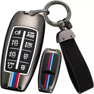 키체인이 장착된 온토 8버튼 키 포브 홀더 현대 제네시스 스마트 원격 커버 금속 하우징 긁힘 방지 자동차