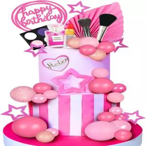 32 PCS 메이크업 케이크 토퍼 생일 축하 토퍼와 립스틱 아이섀도 브러시 (핫 핑크)