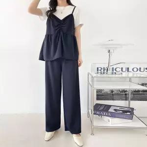 [문에이블]문에이블 여자 여성 봄 여름 루즈핏 레이어드 나비셔링 뷔스티에 밴딩 와이드 팬츠 투피스 세트