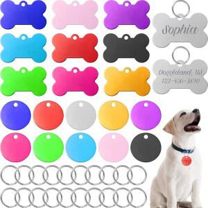 열쇠고리가 있는 컬러풀 알루미늄 애완동물 ID 태그 20개 세트 반려동물 빈 원형 뼈 모양 개 고양이용 개인 맞춤 각인 이름 번호, 10가지 색상