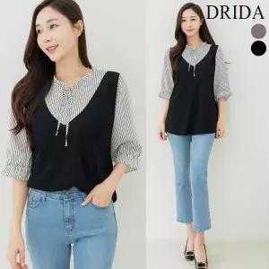 [드리다][드리다] 여성 여름 스트라이프 단가라 조끼 빅사이즈 티 블라우스 40-50대 미시 중년여성 하객 출