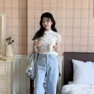 [하프클럽/] 여성 여름 기본 라운드넥 무지 크롭 데일리 반팔 티셔츠