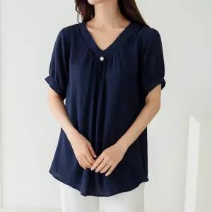 여름 여자 셔링 진주 반팔 린넨 빅사이즈 루즈핏 블라우스 40-50대 중년여성