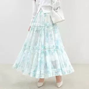 여름 수채화 플라워 프린팅 패턴 빅사이즈 레이스 캉캉 맥시 롱 스커트 미시 캐주얼