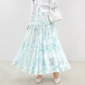 여름 수채화 플라워 프린팅 패턴 빅사이즈 레이스 캉캉 맥시 롱 스커트 미시 캐주얼