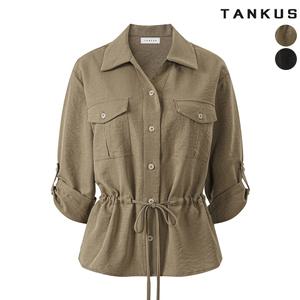 여성 카라 허리 셔링 롤업 사파리 셔츠