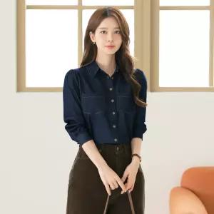 [시크라인] (~XXL까지) 비엔엘르 스티치 실키 데님 블라우스 가을 데일리 일상 캐쥬얼 출근룩 베이직 빅사이즈