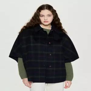 헤지스 여성 25FW [시즌오프]핸드메이드 케이프 체크 하프 코트 네이비 HSCO5D906N2
