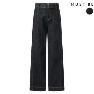 여성 벨트세트 기모 절개 와이드 데님팬츠