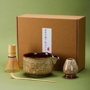 디디비르디 말차 티 세트 4개, 일본 전통 도자기 그릇, 대나무 거품기(차센), 스쿱(차샤쿠), 홀더(갈색)