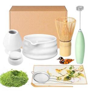말차 거품기 세트와 그릇, 만들기 키트 거품기, 주둥이가 있는 분말 스타터 체, 세라믹 홀더, 식 선물용 일본식 찻 도구 스푼(흰색, 9팩)