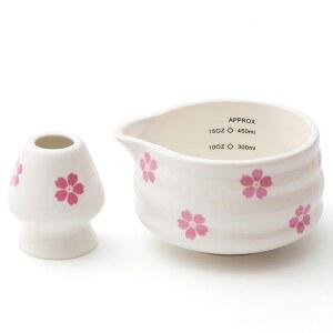 위스키 홀더가 있는 유미플러스 2개 말차 볼, 스파우트가 세라믹 벚꽃 계량 마크가 16.5OZ 도자기 스탠드가 차 믹싱 선물(사쿠라)