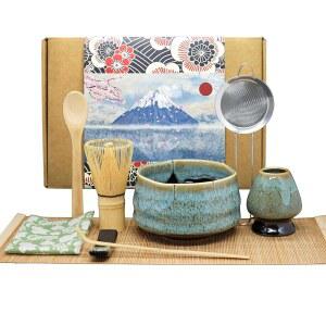 애니 & 미아 디자인 말차 위스키 세트(9개), 일본 차 세트에는 세라믹 볼, 대나무 위스키(차센), 홀더, 스쿱(차샤쿠), 파란색이 포함됩니다