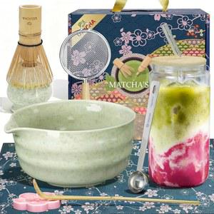 말차 거품기 세트, 9개 세라믹 키트에는 그릇 & 대나무 홀더, 컵 계량 스푼, 애호가 초보자를 위한 티 세트 선물(피 그린)이 포함되어 있습니다