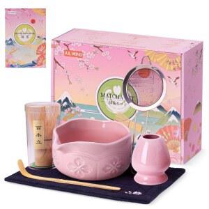 줄 윈드 말차 거품기 세트, 세라믹 세트에는 스파우트, 및 홀더가 포함된 그릇, 대나무 스쿱, 체, 티 타월 - 연인 초보자를 위한 6개의 키트 선물(핑크색)