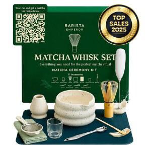 바리스타 엠퍼러 프리미엄 11 pcs 말차 휘스크 세트 - 볼, 휘스크, 밀크 프로더, 스푼, 체, 스쿱, 스쿱 스탠드, 계량컵, 티 매트 및 천 포함 전문 키트