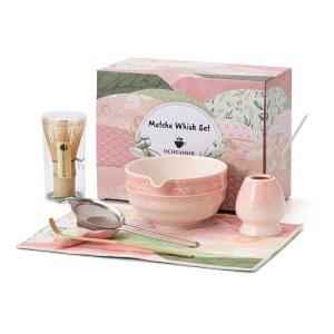 말차 티 세트, 벚꽃 및 웨이브 디자인 세라믹 볼, 대나무 거품기, 거품 홀더, 스쿱, 체, 브러시, 애호가를 위한 키트 세트(핑크 그라데이션)