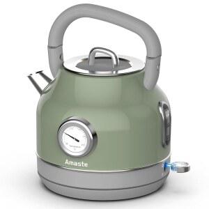 아마스터 전기 주전자, 온도계가 있는 레트로 커피 & 차용 온수 주전자 57온스, 스테인리스 스틸 304온스, 1500W 고속 끓이기, 자동 차단 및 끓이기 건조 보호, 말차 그린