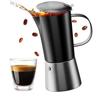 스토브탑 에스프레소 메이커, 스테인리스 스틸 모카 포트 6컵 메이커(12온스), 이탈리안 커피 포트, , 전기 및 인덕션과 호환, 블랙 앤 실버 마감