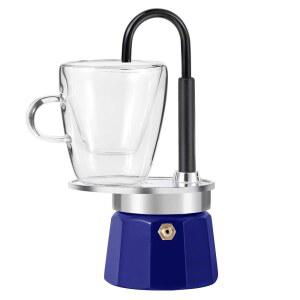 MVPLUE-미니 익스프레스 스위스 싱글 튜브 모카 포트 알루미늄 블루 세트, 더블 월 3온스 컵 1개 포함, 맛있는 커피를 순식간에 즐기세요