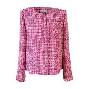 [ ~77SIZE] 꼼빠니아 핑크 체크 노카라 트위드 자켓 CAEU3-WJK010