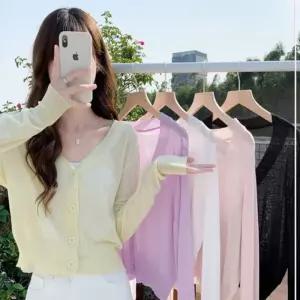 여성 부드러운 파스텔 톤 여름 가디건 얇은 카디건 여자 니트 브이넥