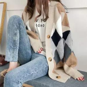 포인트 여성 가디건 아가일 니트 여자 아우터 꽈배기 카디건 롱