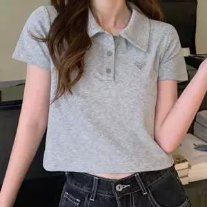 여성 크롭 카라티 반팔티셔츠 하트자수 캐주얼룩 면 루즈핏