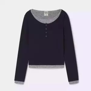 후아유 후아유 Layered Henry Neck Long Sleeve T-Shirt WHLAF4V91F