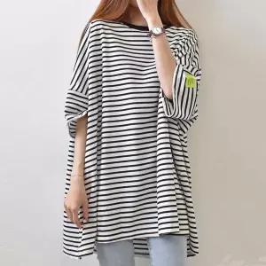 [모두쇼핑]스트라이프 반팔 롱 티셔츠 루즈핏 캐주얼 소매레터링 여성반팔티 박스티 크롭반팔티 여자오버핏