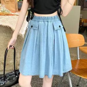 [제이커머스]F007341_밴딩 핀턱 미디 데님스커트 플레어 청치마 스커트 치마 치마바지