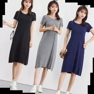 데님스커트 심플한 무지 디자인 스판 면 반팔 미디원피스 2컬러