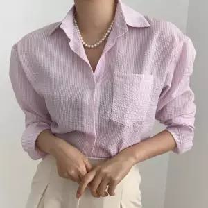 여성 카라넥 스트라이프 베이직 루즈핏 남방 셔츠 21DS-WBL-5127-핑크