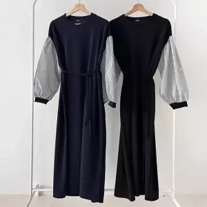 [옷자락]여성 스트라이프 퍼프 소매 배색 리본 롱드레스 빅사이즈