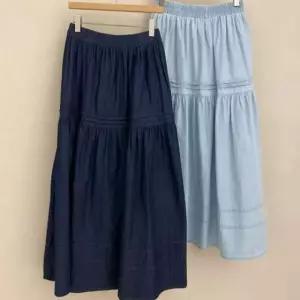 [애슬릿] 캉캉 롱 스커트 밴딩 데님 봄 A라인 플레어 청치마