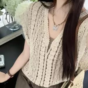 [라일리여성의류] Rly 여성 시스루 뜨개질 레이어드 조끼 뷔스티에 브이