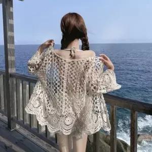 (옵션 아이보리 FREE)CWAG0159 수영복 커버업 니트 그물 로브 비치 가디건 휴양지룩