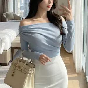 여자 하객룩 데이트룩 우아한 셔링 오프숄더 긴팔 블라우스
